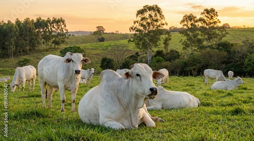 Herd of white Brahman, Nelore cattle grazing peacefully in a lush green pasture at sunset