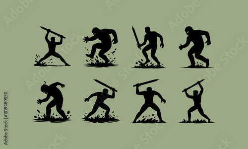 Silhouette illustration depicting a group of figures wielding blades in dynamic aggressive poses high quality