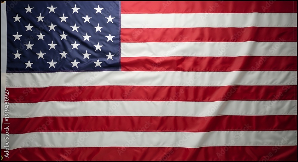 Obraz premium Horizontal full frame close-up of a red, white, and blue American flag with visible fabric texture and subtle wrinkles