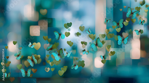Bright turquoise butterflies on a turquoise background. High quality photo