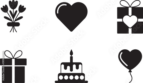 Black of a flower bouquet heart gift box birthday cake and balloon white flowers tulips