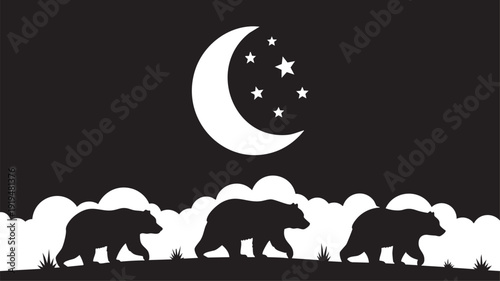 Bear Silhouettes Walking Under Crescent Moon and Big Dipper Stars – Wilderness Night Scene Vector Illustration Isolated on White Background