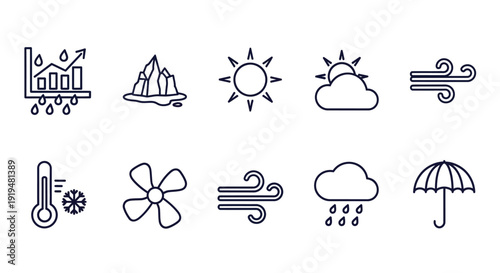 Ten line icons depict various climate and weather phenomena.