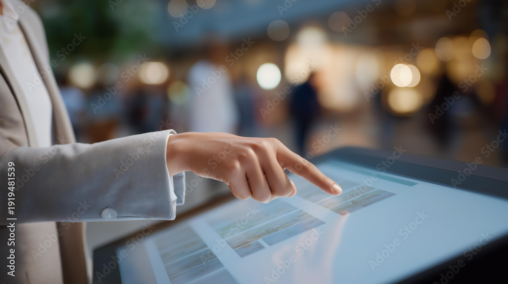 A close-up of a hand interacting with a touchscreen kiosk, highlighting user-friendly interfaces and modern technology in a busy urban setting, ideal for advertising digital experiences. cinematic