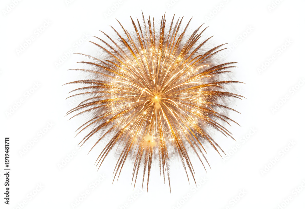 Obraz premium vibrant golden fireworks explosion takes center stage crisp white background intricate embers ready