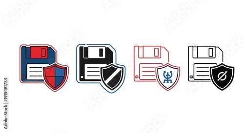 Four floppy disks feature layered security shield protection.