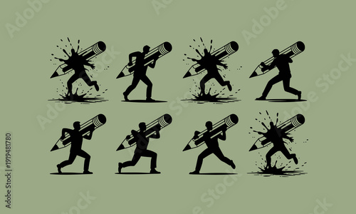 Silhouettes of people urgently running with oversized pencils creating a dynamic and artistic scene