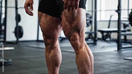 Close-up view of an athlete's highly developed leg muscles showing strong definition while standing in a spacious, modern gymnasium setting.