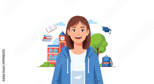 A smiling young woman in a blue hoodie stands happily in front of a red-brick university building with books, a graduation cap, and a backpack floating around.