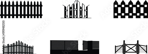 Silhouette of various fence designs and patterns in black on white background 