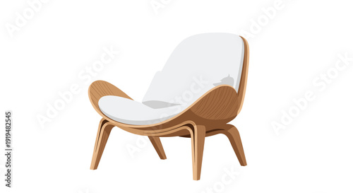 A stylish modern lounge chair crafted from curved light wood features soft white upholstered cushioning for comfort, standing isolated on a plain background.