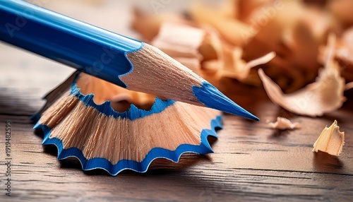 macro photo of a sharpened blue pencil tip and wood shavings