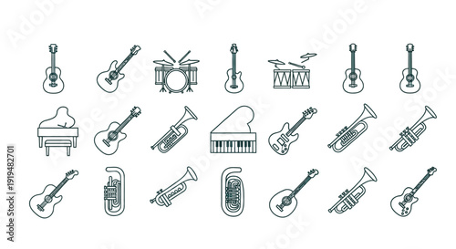 Musical instrument icons show guitars, drums, and pianos.