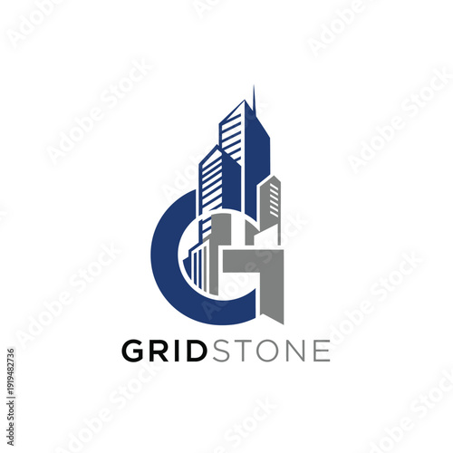 Sleek industrial building silhouette monogram logo for global commercial construction companies and developers GRIDSTONE