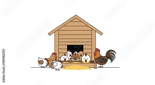 A cartoon scene of a rooster, hens, and chicks eating from a trough in front of their coop.