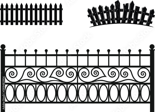 Three black silhouette fence designs on a white background 