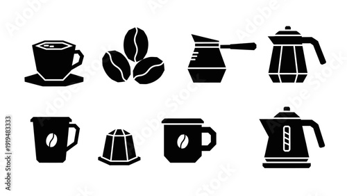 Coffee Icons: Cup, Beans, Mugs, Pots, Kettle, Capsule - Black & White Icons