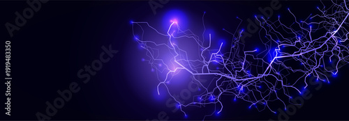 Thunder Storm Lightning Power Neon Effect Energy Line Background. Spark Flash Black Blue Charge. Realistic Shock Bolt Purple Glow Bright. Lightening Strike Storm Thunderbolt. Vector illustration