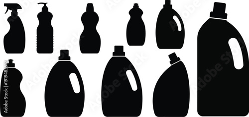 Household liquid soap and cleaner bottle black vector shapes