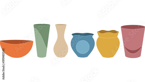 Collection of colorful ceramic vases and bowls on a white background