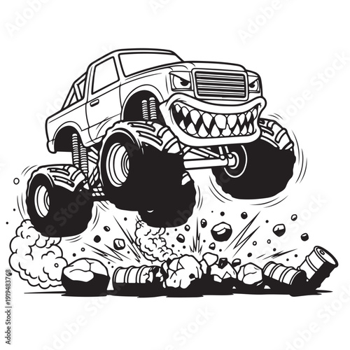 Angry monster truck jumping over barrels coloring book vector illustration for active boys