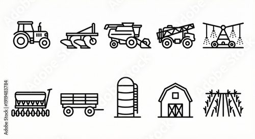 Agriculture and Farming Line Icon Set, Farm Equipment Vector Collection