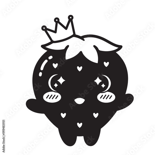 Cute strawberry character wearing a crown, charming kawaii fruit princess