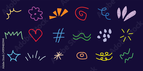 Neon hand drawn doodle icon set. Colorful glowing sketch elements including star, heart, and burst on dark background. Y2K pop art vector stickers.