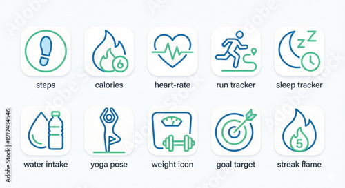 Fitness and Health Tracking App Icon Set, Modern Wellness UI Vector Collection