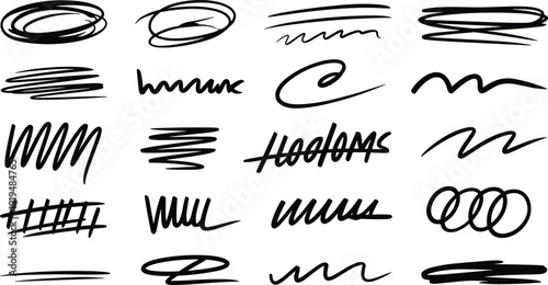 Collection of expressive hand drawn scribbles and signature styles