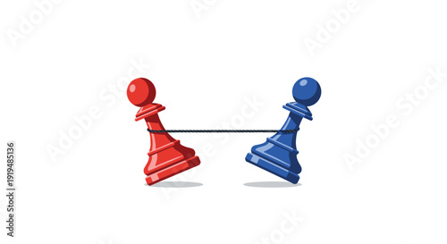 A red chess pawn and a blue chess pawn pull a rope tautly between them, facing each other on a simple white background.