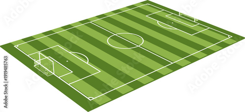 Isometric vector illustration of a green striped soccer football field with white lines and goals