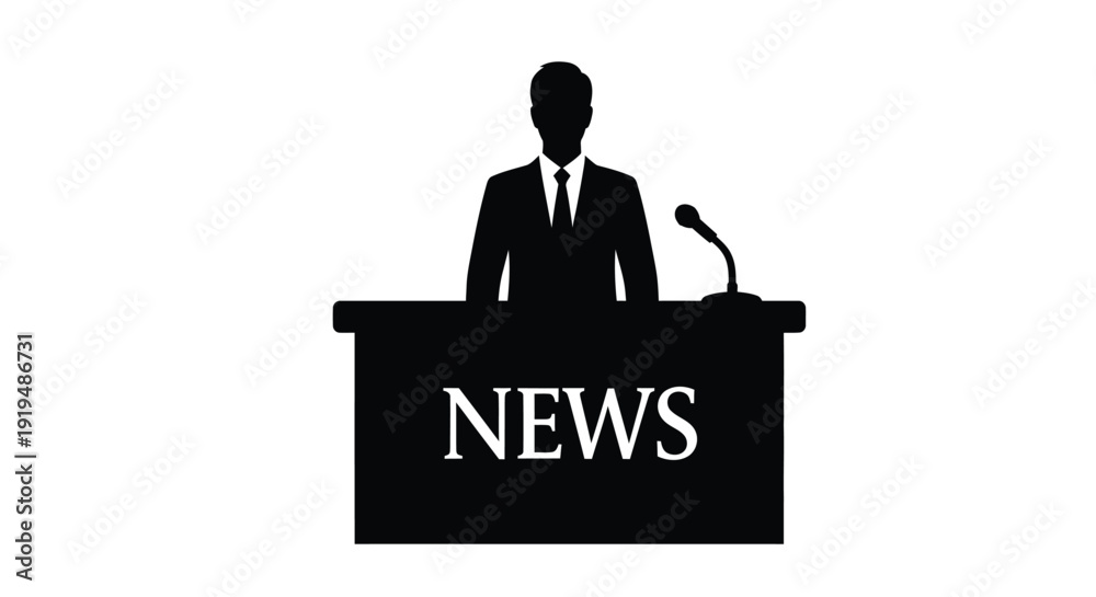 Εκτύπωση καμβά Silhouette of a newscaster standing at a podium with the word news