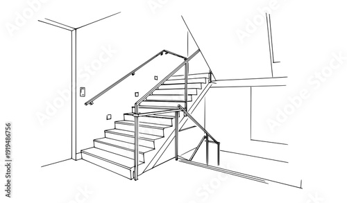 Hand drawn interior staircase architectural line sketch