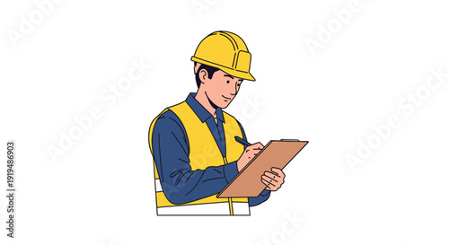 A male construction worker wearing a yellow hard hat and safety vest is writing notes on a clipboard.