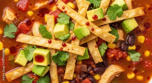 Mexican tortilla soup with avocado, black beans, corn, and cilantro in rich tomato broth