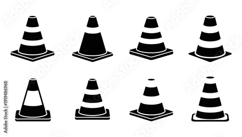 Set of Black and White Traffic Cones Icons, Safety Cones Collection