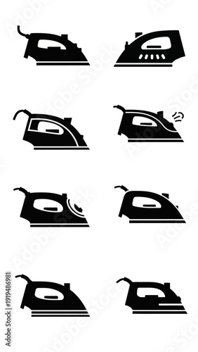 Set of Black and White Icons Representing Different Ironing Settings and Steam Functions