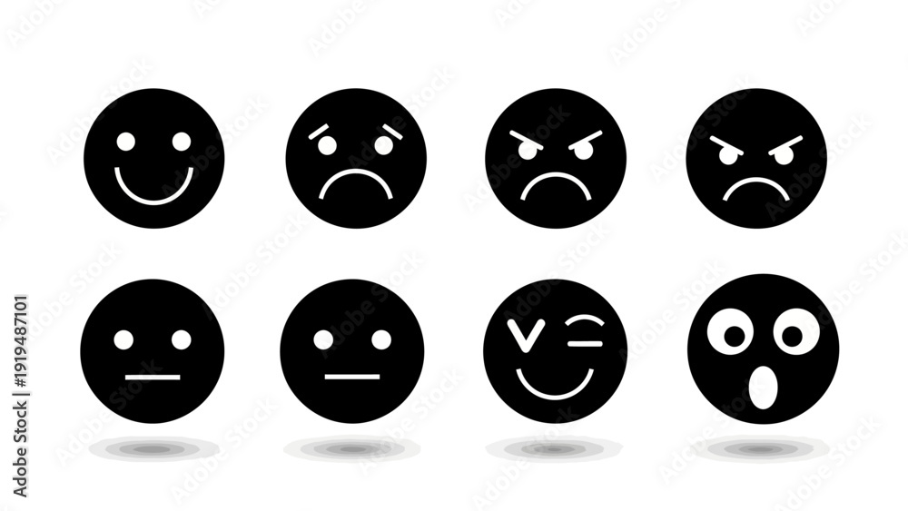 Fototapeta premium Set of Black Emotion Icons: Happy, Sad, Angry, Neutral, Winking, Surprised Faces