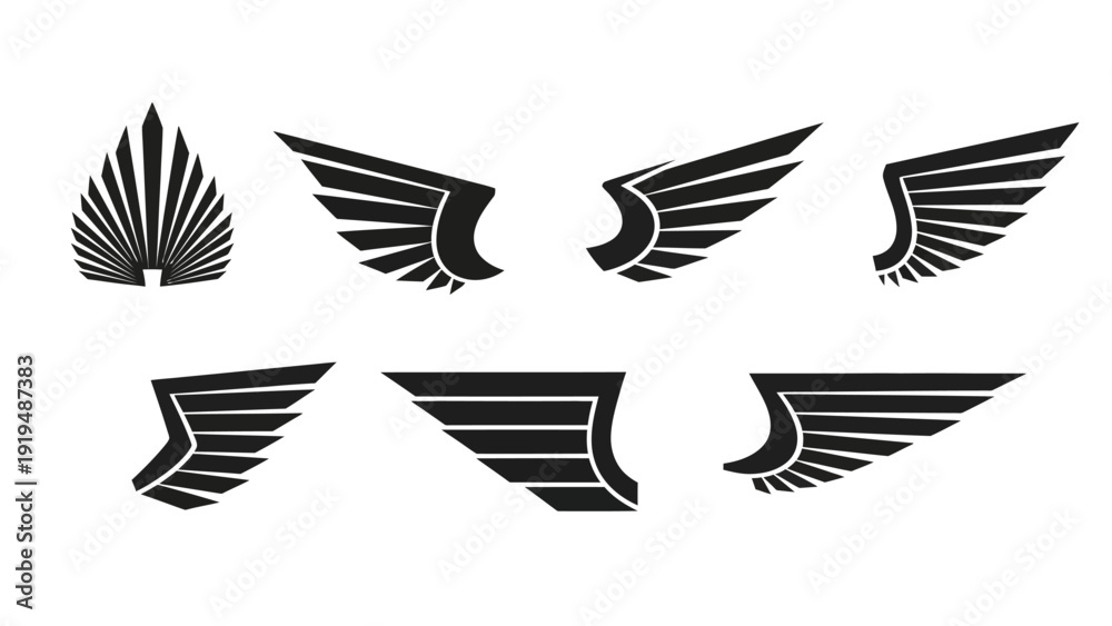 Fototapeta premium Set of Black Stylized Wings Icons, Vector Graphic Elements