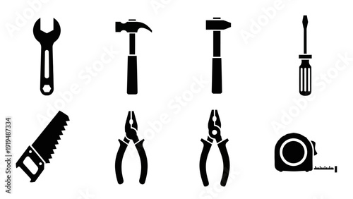 Set of Black Silhouettes of Common Hand Tools on White Background