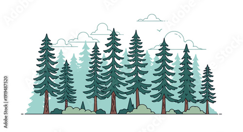 Stylized Evergreen Forest Scene with Clouds and Birds.