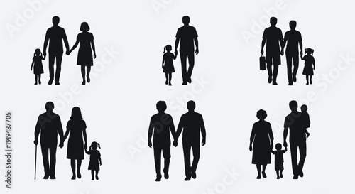 Silhouettes of diverse families walking together holding hands.