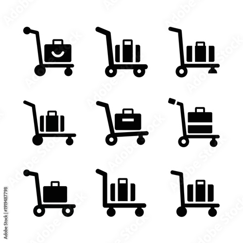 Set of Luggage Cart Icons: Travel and Airport Baggage Trolley Collection