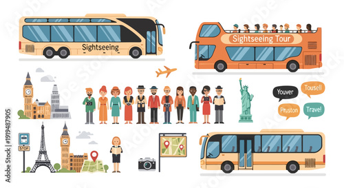 Set of tourist transportation and landmarks for travel.