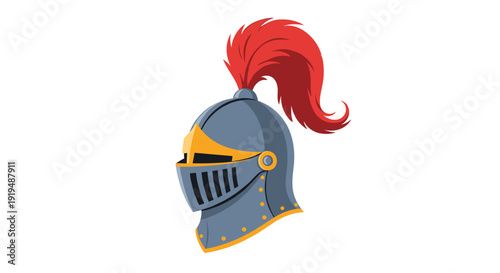 Medieval knight's helmet with a red plume and golden accents on a plain white background.