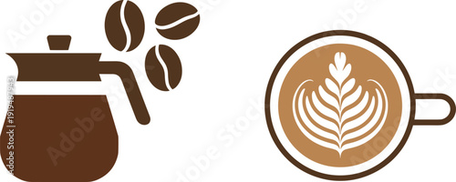 Brown coffee pot with coffee beans and latte in a cup latte brown coffee cup coffee brewing