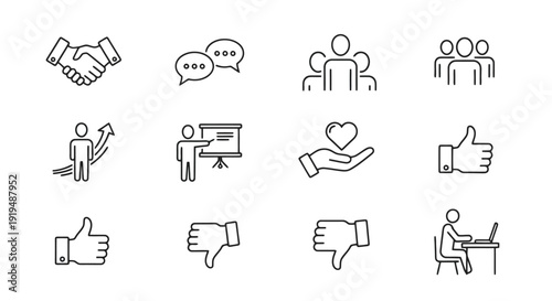 Set of business and finance line icons on white background.