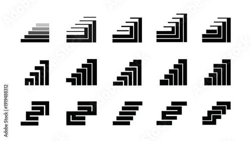 Staircase Icons Set: Growth, Progress, Steps, Levels, Stages, Success, Development, Stairs