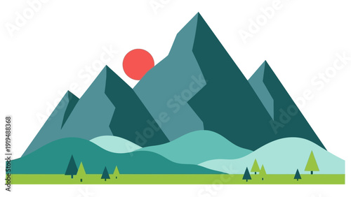 Stylized Mountain Landscape with Sun and Trees